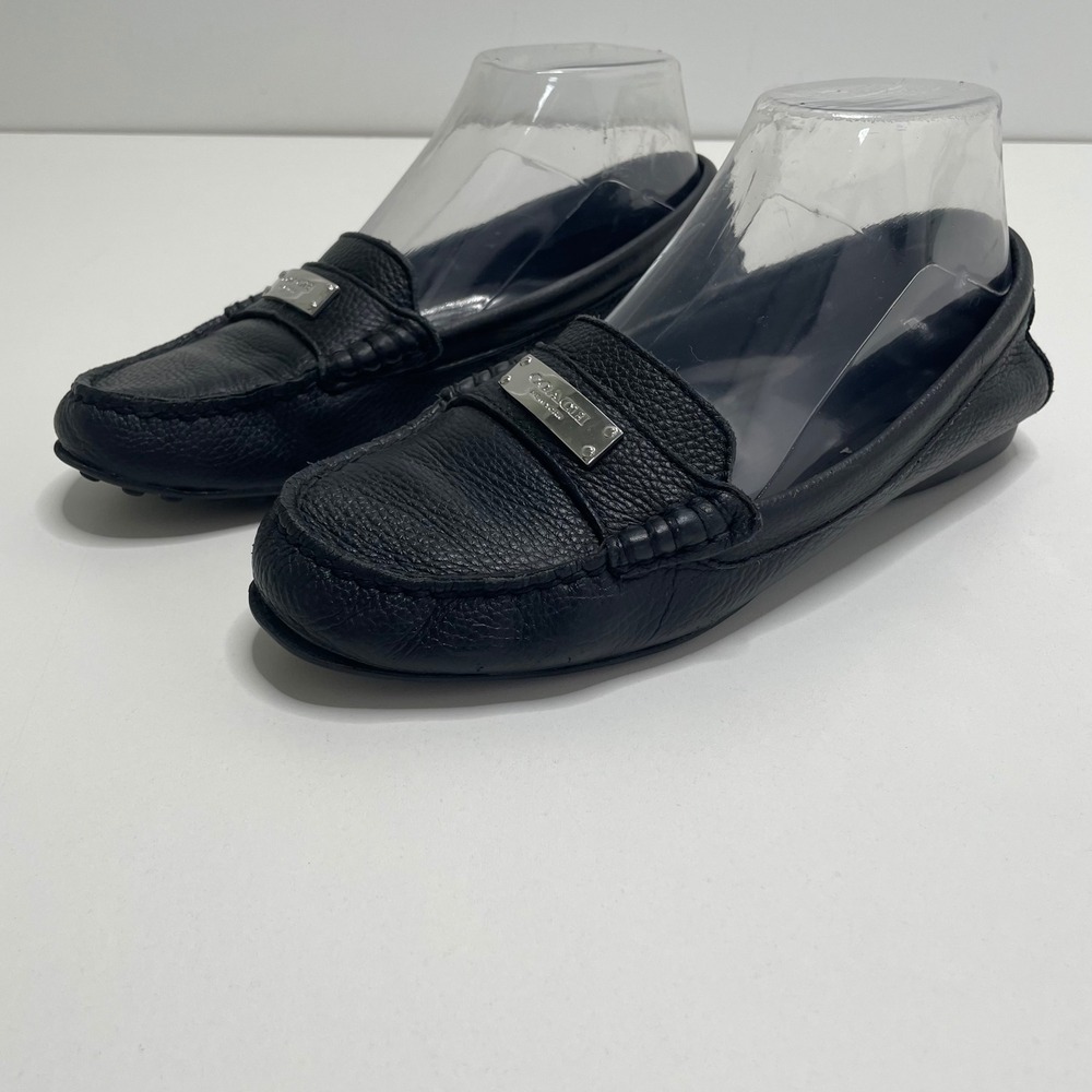Coach Fredrica Black Pebbled Leather Driving Loafers Silver Logo Preppy 7.5 B - Picture 6 of 10